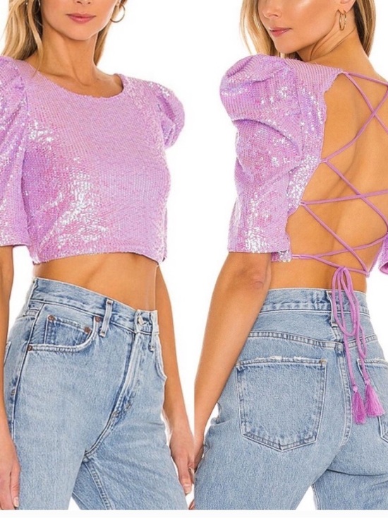 Tops - Free people Lavender Sequin Puff-Sleeve Lace-Back Crop Top size Xs